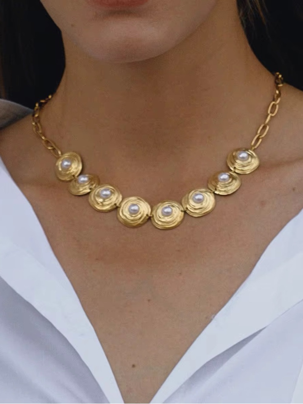 18K Gold Plated Pearl Medallion Statement Necklace